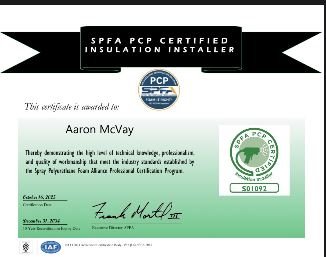 SPFA PCPTP Certified Insulation Installer certificate for Aaron McVay